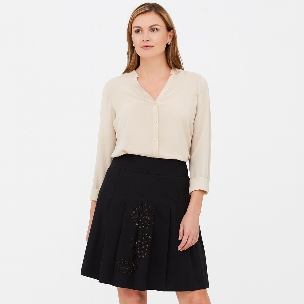 Akris Punto Black Cutout Circle high waisted Midi Skirt Size 6